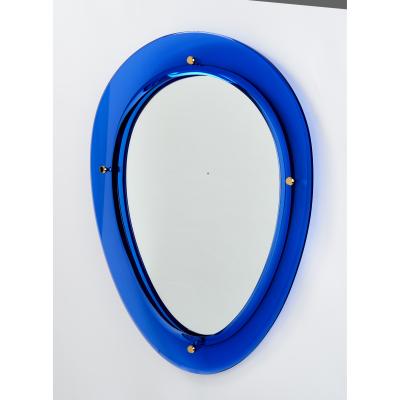 Blue Oval Shaped Glass Mirror Italy 1960s