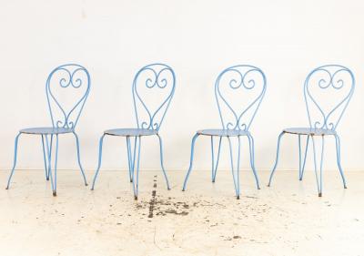 Blue Paint French Pierced Seat Heart Garden Dining Chairs Set of 4 1960s