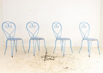 Blue Paint French Pierced Seat Heart Garden Dining Chairs Set of 4 1960s