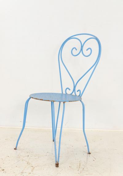 Blue Paint French Pierced Seat Heart Garden Dining Chairs Set of 4 1960s