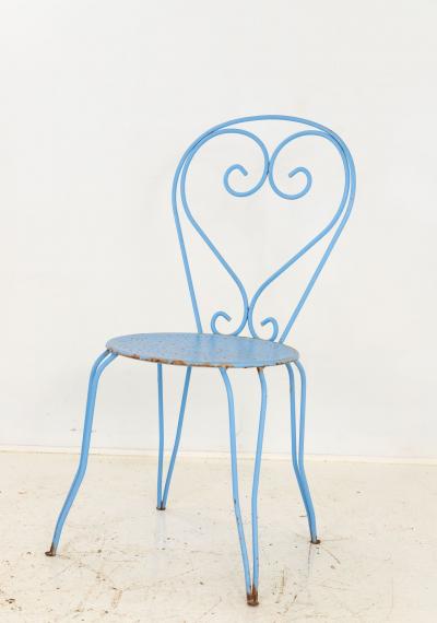 Blue Paint French Pierced Seat Heart Garden Dining Chairs Set of 4 1960s