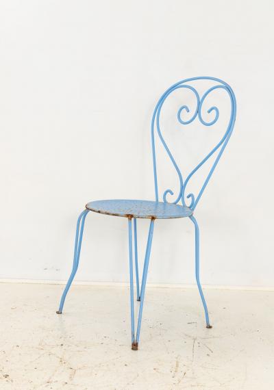Blue Paint French Pierced Seat Heart Garden Dining Chairs Set of 4 1960s