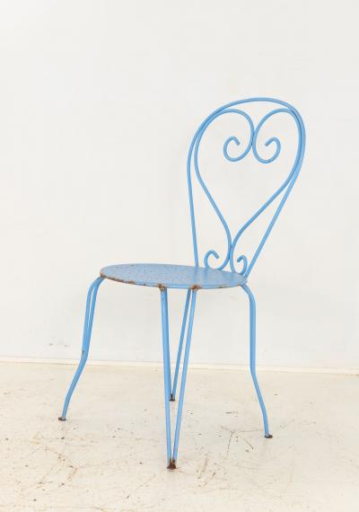 Blue Paint French Pierced Seat Heart Garden Dining Chairs Set of 4 1960s