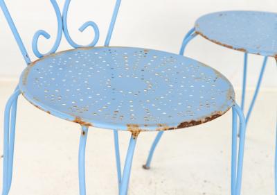 Blue Paint French Pierced Seat Heart Garden Dining Chairs Set of 4 1960s