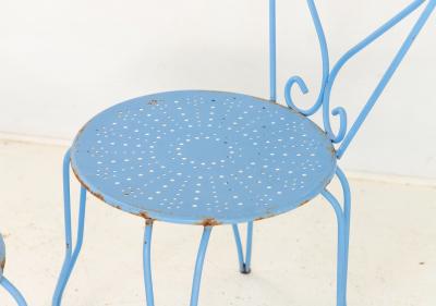 Blue Paint French Pierced Seat Heart Garden Dining Chairs Set of 4 1960s