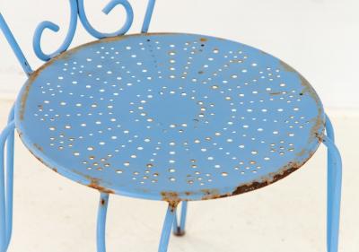 Blue Paint French Pierced Seat Heart Garden Dining Chairs Set of 4 1960s