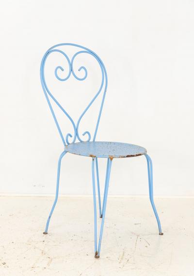 Blue Paint French Pierced Seat Heart Garden Dining Chairs Set of 4 1960s