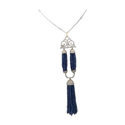 Blue Sapphire Beaded Double Tassel Pendant Necklace