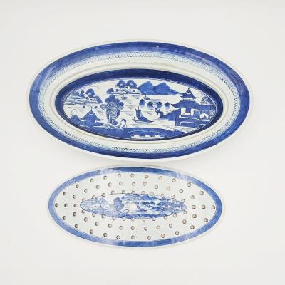 Blue White Chinese Export Oval Tray Strainer circa 1900