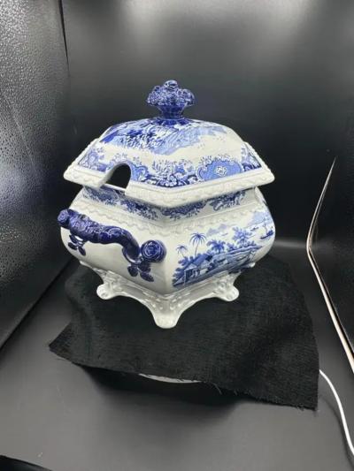 Blue White Tureen Platter India Temple Pattern