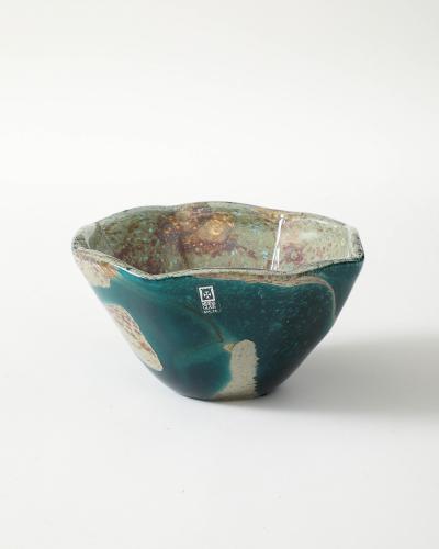 Blue and Tan Blown Glass Bowl Baltic Seas c 1980