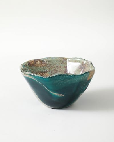 Blue and Tan Blown Glass Bowl Baltic Seas c 1980
