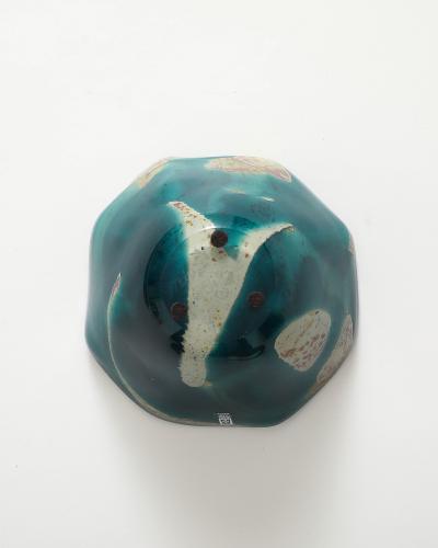 Blue and Tan Blown Glass Bowl Baltic Seas c 1980