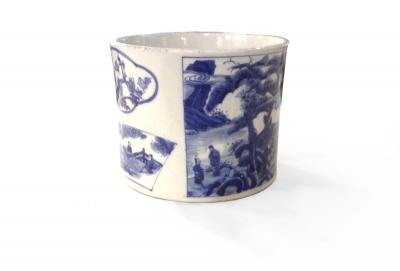 Blue and White Porcelain Brush Pot Depicting Vignettes