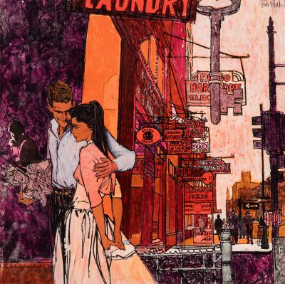 Bob Peak Elegant Couple Shopping in Urban Street Scene Magenta and Orange Mid Century