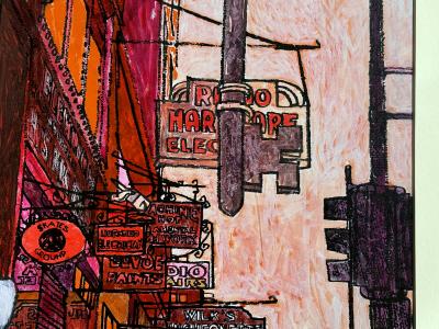Bob Peak Elegant Couple Shopping in Urban Street Scene Magenta and Orange Mid Century
