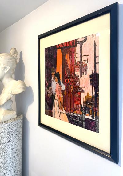 Bob Peak Elegant Couple Shopping in Urban Street Scene Magenta and Orange Mid Century