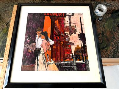 Bob Peak Elegant Couple Shopping in Urban Street Scene Magenta and Orange Mid Century