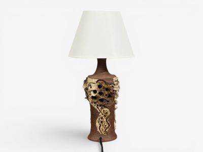 Bodil Marie Nielsen Large Brutalist Table Lamp Brown Stoneware Denmark 1960s
