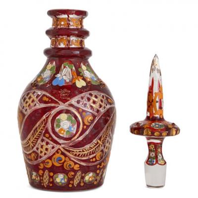 Bohemian gilt enamelled and cut red overlay glass decanter