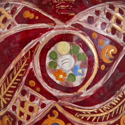 Bohemian gilt enamelled and cut red overlay glass decanter