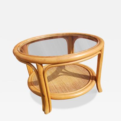 Boho Chic Bamboo Rattan Round Side Table w Glass Top