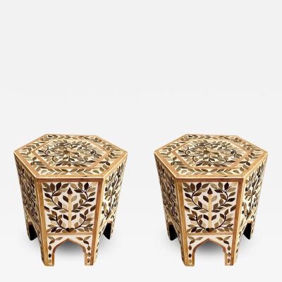 Boho Chic Leaf Design Resin Walnut Hexagonal Side or End Table Pair