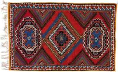 Boho Chic Moroccan Handwoven Blue Red Wool Diamond Design Rectangular Rug