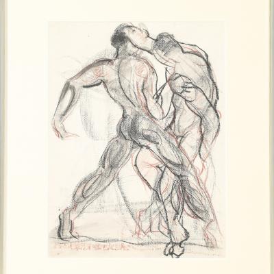 Boris Lovet Lorski Mid Century Boxers Charcoal Conte w Watercolor signed Boris Lovet Lorski