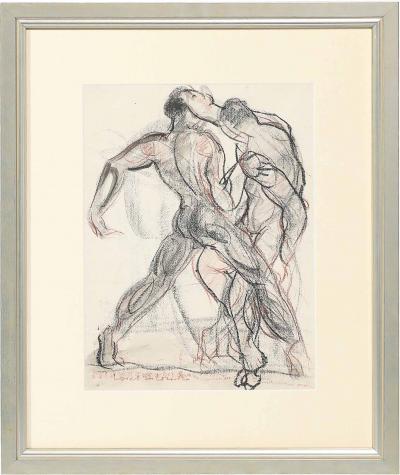 Boris Lovet Lorski Mid Century Boxers Charcoal Conte w Watercolor signed Boris Lovet Lorski
