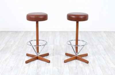Borje Johanson Teak Chrome Swivel Bar Stools for Johanson Design