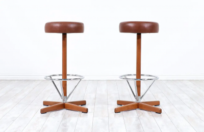 Borje Johanson Teak Chrome Swivel Bar Stools for Johanson Design