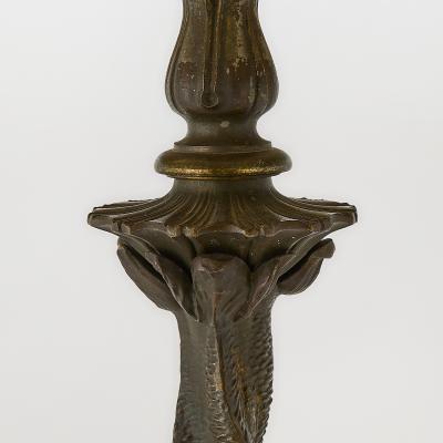 Bradley Hubbard Reverse Painted Glass and Patinated Metal Scenic Table Lamp