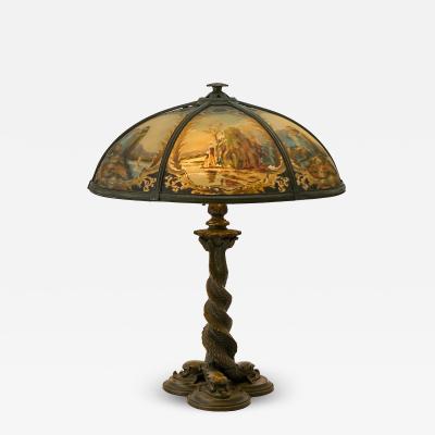 Bradley Hubbard Reverse Painted Glass and Patinated Metal Scenic Table Lamp