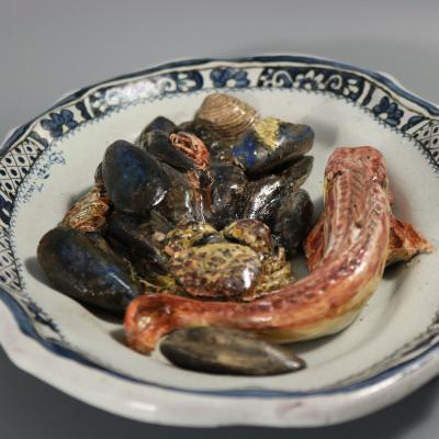Brard French Palissy Majolica Platter with Fish and Crabs