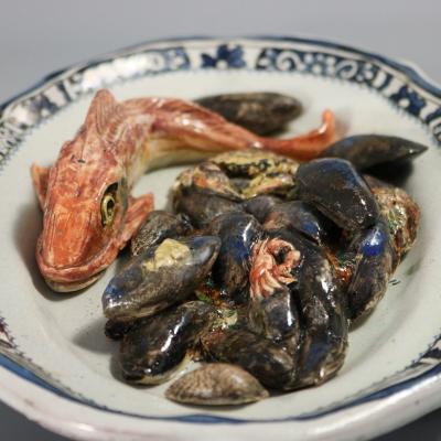 Brard French Palissy Majolica Platter with Fish and Crabs