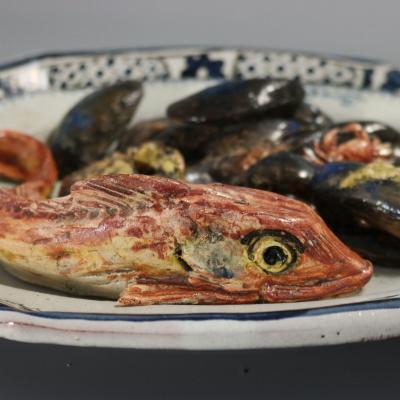 Brard French Palissy Majolica Platter with Fish and Crabs