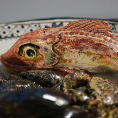 Brard French Palissy Majolica Platter with Fish and Crabs