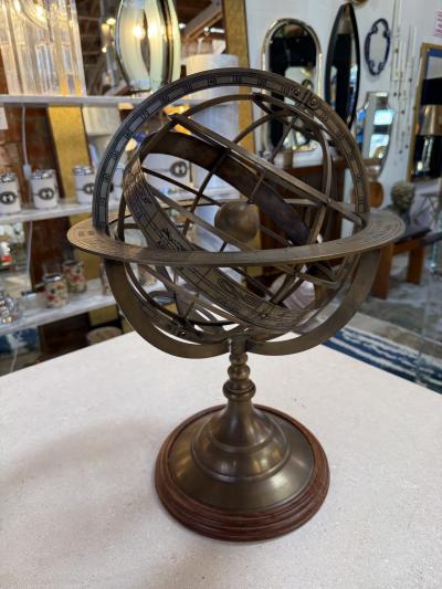 Brass Armillary Sphere on Wooden Base Celestial Decorative Object