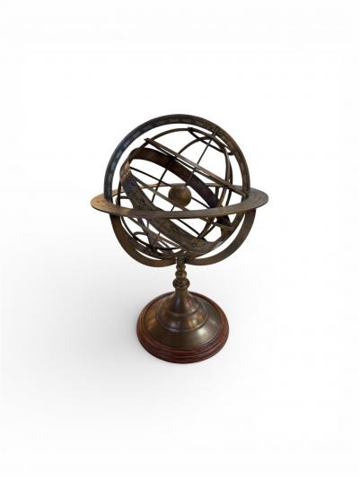 Brass Armillary Sphere on Wooden Base Celestial Decorative Object