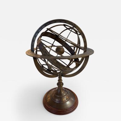 Brass Armillary Sphere on Wooden Base Celestial Decorative Object