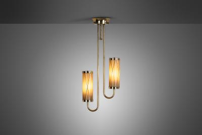 Brass Ceiling Lamp with Decorative Cylindrical Glass Shades Europe ca 1950s