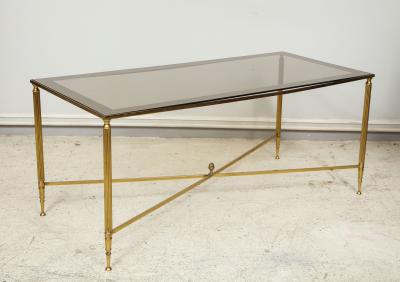 Brass Cocktail Table Smoked Glass Top on Stretchers Base