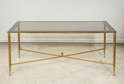 Brass Cocktail Table Smoked Glass Top on Stretchers Base