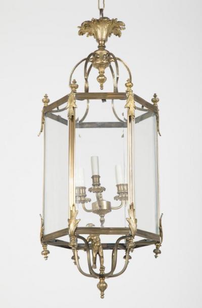 Brass Hexagonal Three Light Lantern with Putti