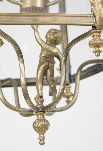 Brass Hexagonal Three Light Lantern with Putti