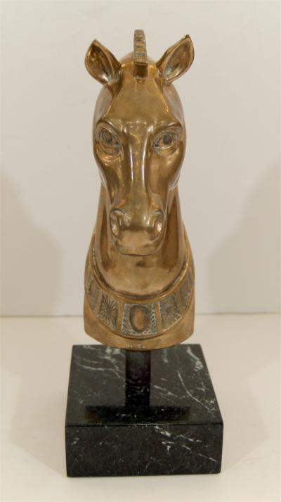 Brass Horse Head Sculpture on Marble Base