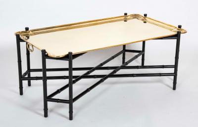 Brass Molded and Curved Edge Tray Table on Ebonized Faux Bamboo Stand