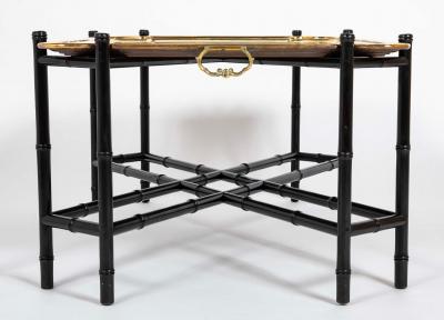 Brass Molded and Curved Edge Tray Table on Ebonized Faux Bamboo Stand