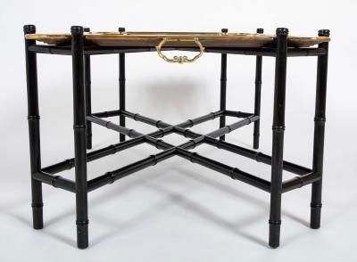 Brass Molded and Curved Edge Tray Table on Ebonized Faux Bamboo Stand